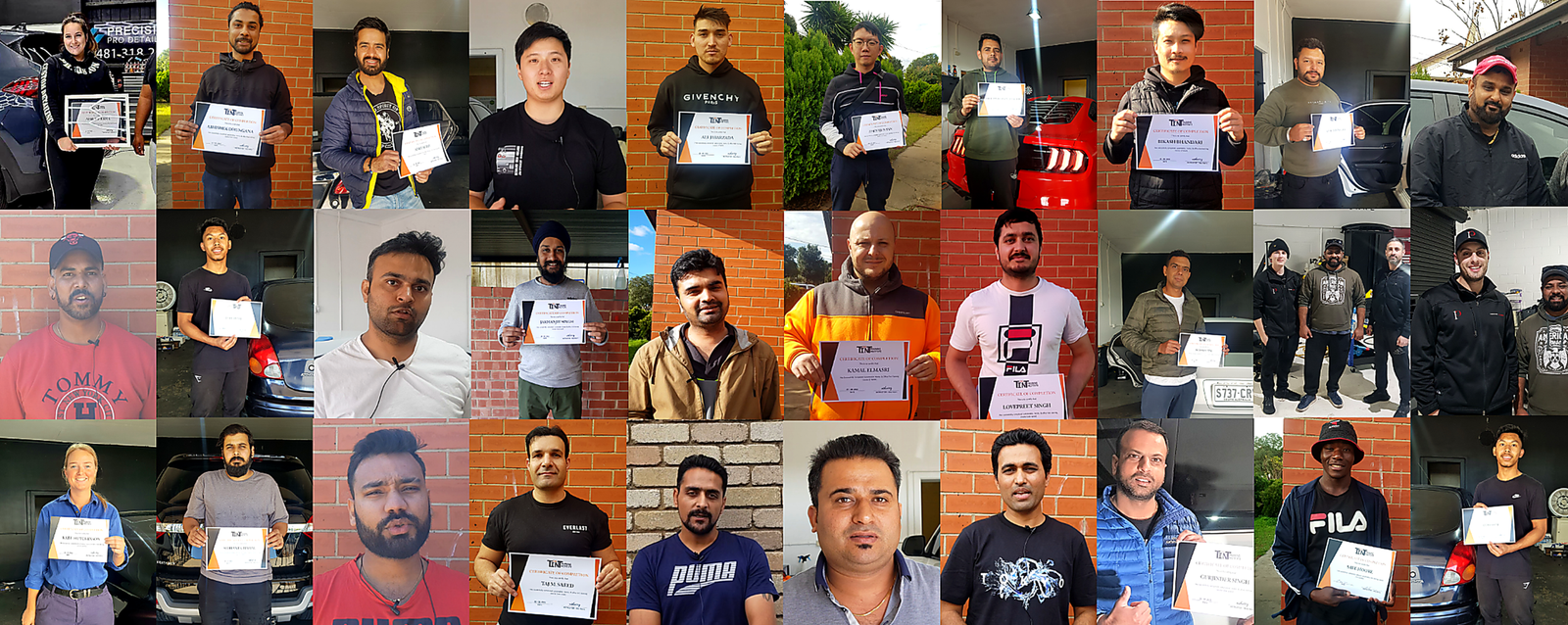 Wall of Window Tint Skool students with certificates
