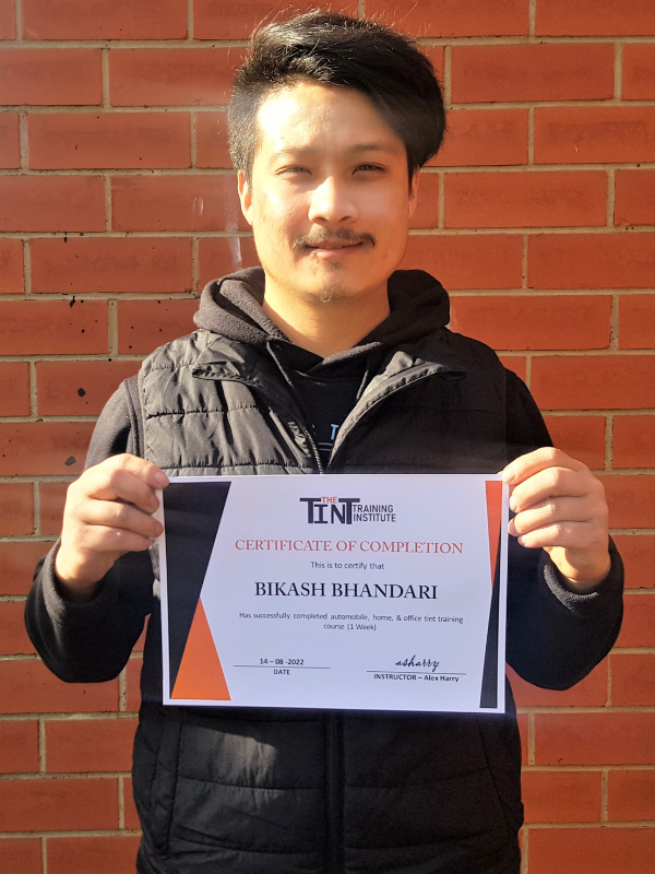 Bikash Bhandari — Window Tint Skool certificate